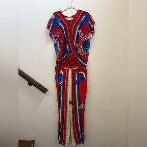 Farm Rio Red Floral V-Neck Jumpsuit with Blue Accents